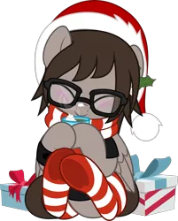 Size: 4021x5000 | Tagged: safe, artist:jhayarr23, derpibooru import, ponified, pegasus, pony, chocolate, christmas, clothes, commission, drink, eyes closed, folded wings, food, glasses, happy, hat, holiday, hoof hold, hot chocolate, image, male, mikey way, mug, my chemical romance, png, present, santa hat, scarf, simple background, sitting, socks, solo, stallion, striped socks, transparent background, underhoof, wings, wristband, ych result