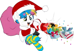 Size: 7188x5000 | Tagged: safe, artist:jhayarr23, derpibooru import, ponified, pegasus, pony, awsten knight, cannon, christmas, clothes, commission, costume, folded wings, hat, heterochromia, holiday, hoof hold, image, male, open mouth, png, present, santa costume, santa hat, simple background, socks, solo, stallion, striped socks, transparent background, waterparks, wings, ych result