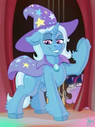 Size: 3024x4032 | Tagged: safe, artist:wispy tuft, derpibooru import, trixie, twilight sparkle, alicorn, unicorn, cape, clothes, hat, image, imminent death, imminent violence, magician outfit, phantom of the opera, png, rope, scissors, stage, stage light, stage show, this will end in death, this will end in tears, this will end in tears and/or death, this will not end well, twiggie, wizard hat