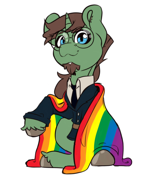 Size: 2121x2341 | Tagged: safe, artist:tina-art, derpibooru import, oc, oc:digter von marder, unofficial characters only, pony, derpibooru community collaboration, 2022 community collab, beard, belt, clothes, facial hair, image, male, png, ponysona, pride flag, rainbow flag, simple background, stallion, transparent background