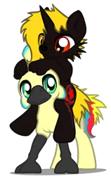 Size: 1368x2160 | Tagged: safe, derpibooru import, oc, oc:melinda kvernbitt, oc:sulphur nimbus, unofficial characters only, dog, hippogriff, hybrid, pony, unicorn, derpibooru community collaboration, 2022 community collab, cutie mark, digital art, duo, female, image, looking at each other, looking at someone, multicolored tail, png, ponies riding ponies, riding, simple background, tail, transparent background