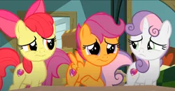 Size: 1264x657 | Tagged: safe, derpibooru import, screencap, apple bloom, scootaloo, sweetie belle, earth pony, pegasus, pony, unicorn, the last crusade, cropped, cutie mark crusaders, female, filly, image, png, sad, solo