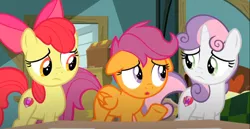 Size: 1282x661 | Tagged: safe, derpibooru import, screencap, apple bloom, scootaloo, sweetie belle, earth pony, pegasus, pony, unicorn, the last crusade, cropped, cutie mark crusaders, female, filly, floppy ears, image, png, sad, trio