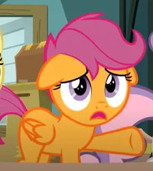 Size: 523x585 | Tagged: safe, derpibooru import, screencap, scootaloo, pegasus, pony, the last crusade, cropped, cute, female, filly, floppy ears, image, png, sad, sadorable, solo
