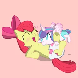 Size: 1080x1080 | Tagged: suggestive, artist:princessdestiny200i, derpibooru import, apple bloom, princess flurry heart, pony, adorabloom, baby, baby pony, blushing, cute, diaper, diaper fetish, drool, female, fetish, filly, flurrybetes, foal, image, laughing, non-baby in diaper, png, raspberry, role reversal, shading, simple background, tickling, tongue out, tummy buzz