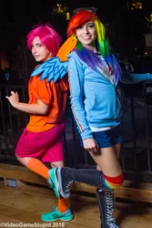 Size: 2000x3000 | Tagged: safe, artist:cosplayhazard, artist:meotashie, artist:videogamestupid, derpibooru import, rainbow dash, scootaloo, human, clothes, converse, cosplay, costume, image, irl, irl human, jpeg, katsucon, katsucon 2016, multicolored hair, photo, rainbow hair, rainbow socks, shoes, sneakers, socks, striped socks