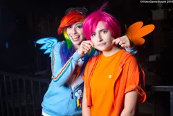 Size: 3000x2000 | Tagged: safe, artist:cosplayhazard, artist:meotashie, artist:videogamestupid, derpibooru import, rainbow dash, scootaloo, human, clothes, cosplay, costume, duo, image, irl, irl human, jpeg, katsucon, katsucon 2016, multicolored hair, photo, rainbow hair