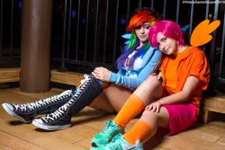 Size: 3000x2000 | Tagged: safe, artist:cosplayhazard, artist:meotashie, artist:videogamestupid, derpibooru import, rainbow dash, scootaloo, human, clothes, converse, cosplay, costume, duo, goggles, image, irl, irl human, jpeg, katsucon, katsucon 2016, multicolored hair, photo, rainbow hair, rainbow socks, shoes, sitting, sneakers, socks, striped socks