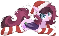 Size: 1883x1152 | Tagged: safe, artist:cinnamontee, derpibooru import, oc, oc:bree berry, bat pony, :p, bat pony oc, bat wings, christmas, clothes, cute, hat, holiday, image, looking at you, lying down, png, santa hat, simple background, socks, tongue out, transparent background, wings