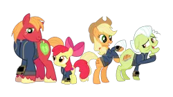 Size: 5360x3008 | Tagged: safe, artist:ponygamer2020, derpibooru import, apple bloom, applejack, big macintosh, granny smith, earth pony, pony, fallout equestria, absurd resolution, adorabloom, apple bloom's bow, apple family, applejack's hat, bipedal, bow, clothes, cowboy hat, cute, cutie mark, fallout, female, filly, group, hair bow, hat, high res, image, jumpsuit, looking back, looking down, male, mare, older, open mouth, pipboy, png, simple background, smiling, solo, stallion, teeth, the cmc's cutie marks, transparent background, unshorn fetlocks, vault suit, vector