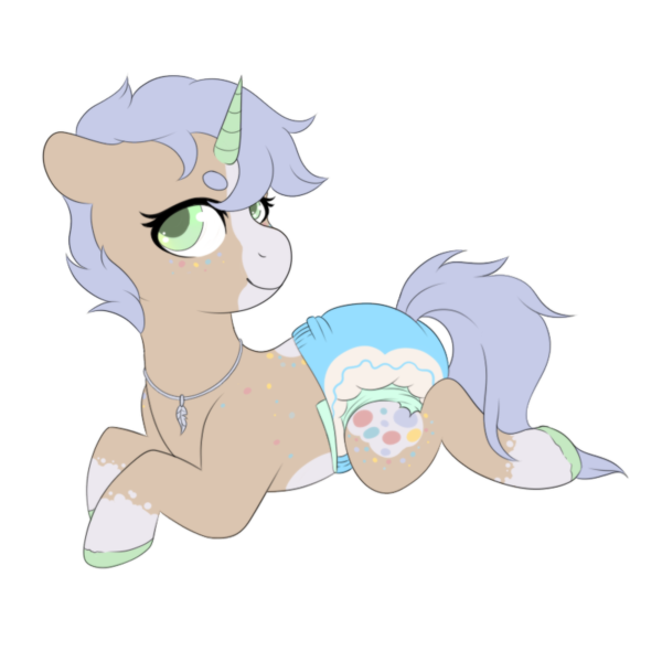 Size: 800x800 | Tagged: suggestive, artist:veincchi, derpibooru import, oc, pony, unicorn, abdl, adult foal, commission, diaper, diaper fetish, female, fetish, floppy ears, image, non-baby in diaper, png, simple background, smiling, solo, transparent background, ych result, your character here