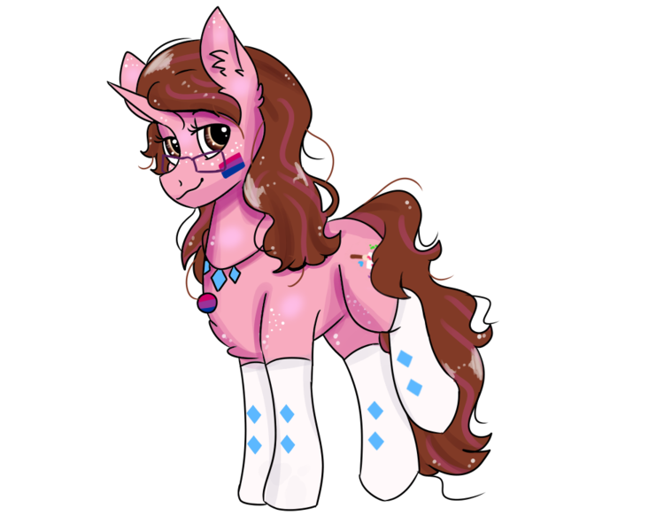 Size: 1000x800 | Tagged: safe, artist:valkiria, derpibooru import, oc, oc:opacity, unofficial characters only, pony, unicorn, derpibooru community collaboration, 2022 community collab, badge, bisexual pride flag, chest fluff, clothes, ear fluff, female, freckles, glasses, image, jewelry, mare, necklace, png, pride, pride flag, raised leg, simple background, socks, solo, transparent background