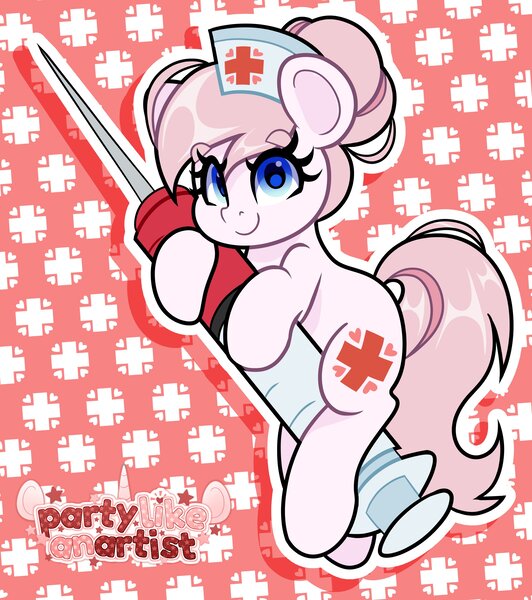 Size: 3633x4096 | Tagged: safe, artist:partylikeanartist, derpibooru import, nurse redheart, earth pony, pony, chibi, clothes, cute, cutie mark, cutie mark background, cutie mark on clothes, eye clipping through hair, eyebrows, eyebrows visible through hair, eyelashes, female, hat, heartabetes, holding, image, jpeg, looking at you, mare, needle, nurse hat, nurse outfit, solo, tail