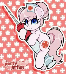 Size: 3633x4096 | Tagged: safe, artist:partylikeanartist, derpibooru import, nurse redheart, earth pony, pony, chibi, clothes, cute, cutie mark, cutie mark background, cutie mark on clothes, eyebrows, eyebrows visible through hair, eye clipping through hair, eyelashes, female, hat, heartabetes, holding, image, jpeg, looking at you, mare, needle, nurse hat, nurse outfit, solo, tail