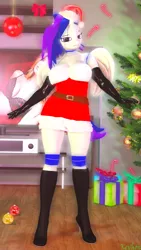 Size: 2160x3840 | Tagged: suggestive, artist:kevhon, derpibooru import, oc, oc:star scratch, anthro, human, unicorn, 3d, boots, breasts, christmas, christmas lights, christmas tree, clothes, commission, costume, female, gloves, hat, high heel boots, holiday, image, looking at you, png, present, santa costume, santa hat, shoes, solo, solo female, source filmmaker, television, tree, ych result