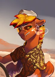 Size: 2480x3477 | Tagged: safe, artist:charlot, derpibooru import, oc, oc:blaze fury, pegasus, pony, abstract background, car, clothes, driving, ear piercing, fear and loathing in las vegas, freckles, glasses, hat, hunter s. thompson, image, looking to side, male, movie reference, piercing, png, raoul duke, shirt, smoking, solo, solo male
