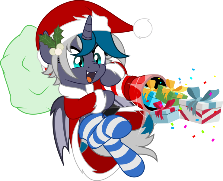 Size: 6162x5000 | Tagged: safe, artist:jhayarr23, derpibooru import, oc, oc:elizabat stormfeather, unofficial characters only, alicorn, bat pony, bat pony alicorn, pony, alicorn oc, bag, bat pony oc, bat wings, box, cannon, christmas, clothes, coat, commission, confetti, costume, fangs, female, hat, holiday, horn, image, mare, mistletoe, open mouth, png, present, santa costume, santa hat, simple background, socks, solo, striped socks, transparent background, wings, ych result