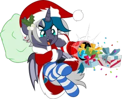 Size: 6162x5000 | Tagged: safe, artist:jhayarr23, derpibooru import, oc, oc:elizabat stormfeather, unofficial characters only, alicorn, bat pony, bat pony alicorn, pony, alicorn oc, bag, bat pony oc, bat wings, box, cannon, christmas, clothes, coat, commission, confetti, costume, fangs, female, hat, holiday, horn, image, mare, mistletoe, open mouth, png, present, santa costume, santa hat, simple background, socks, solo, striped socks, transparent background, wings, ych result