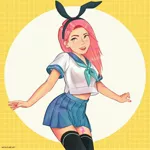 Size: 2180x2180 | Tagged: safe, artist:noah-x3, derpibooru import, oc, oc:neon flare, unofficial characters only, human, bunny ears, clothes, cutie mark, female, happy, headband, humanized, image, jpeg, midriff, necktie, pleated skirt, school uniform, skirt, smiling, socks, solo, tattoo, thigh highs, thighs