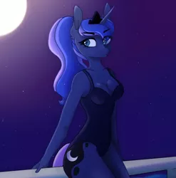 Size: 1334x1350 | Tagged: safe, artist:_alixxie_, artist:alixxie04, derpibooru import, princess luna, anthro, breasts, cleavage, clothes, eyebrows, eyebrows visible through hair, eye clipping through hair, female, horn, image, jpeg, moon, night, one-piece swimsuit, solo, stars, swimsuit, wingless, wingless anthro