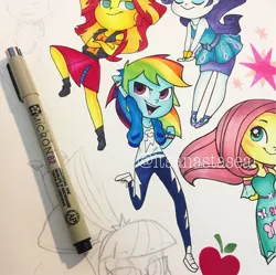 Size: 1080x1077 | Tagged: safe, artist:antych, applejack, fluttershy, rainbow dash, rarity, sci-twi, sunset shimmer, twilight sparkle, equestria girls, equestria girls series, chibi, crossed arms, cutie mark, falling, female, image, jpeg, jumping, marker drawing, open smile, photo, ponytail, traditional art, wip