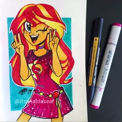 Size: 750x750 | Tagged: safe, artist:antych, sunset shimmer, equestria girls, equestria girls series, spring breakdown, spoiler:eqg series (season 2), clothes, dress, geode of empathy, image, jpeg, magical geodes, marker drawing, one eye closed, peace sign, photo, traditional art, wink