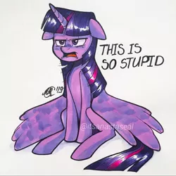 Size: 750x750 | Tagged: safe, artist:antych, twilight sparkle, alicorn, female, image, jpeg, marker drawing, open mouth, simple background, sitting, solo, traditional art, upset, watermark, white background, wings, wings down