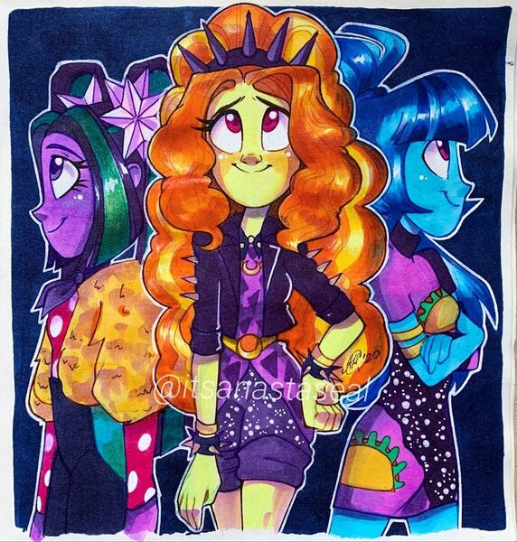 Size: 1080x1133 | Tagged: safe, artist:antych, adagio dazzle, aria blaze, sonata dusk, equestria girls, equestria girls series, find the magic, sunset's backstage pass!, spoiler:eqg series (season 2), abstract background, clothes, dress, female, image, jacket, jpeg, marker drawing, pants, pigtails, ponytail, the dazzlings, traditional art
