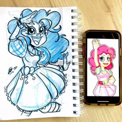 Size: 1080x1080 | Tagged: safe, artist:antych, pinkie pie, equestria girls, alternate clothes, clothes, comparison, female, image, jewelry, jpeg, monochrome, necklace, open smile, sketch, socks, solo, traditional art, waving