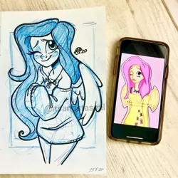 Size: 1080x1080 | Tagged: safe, artist:antych, fluttershy, equestria girls, alternate clothes, blushing, clothes, comparison, image, jewelry, jpeg, loose hair, necklace, one eye closed, sketch, sweater, traditional art, wings, wink
