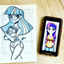 Size: 1080x1082 | Tagged: safe, artist:antych, twilight sparkle, equestria girls, alternate clothes, alternate hairstyle, book of harmony, clothes, comparison, headband, image, jewelry, jpeg, monochrome, necklace, pants, smiling, traditional art