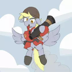 Size: 2000x2000 | Tagged: safe, artist:rellopone, derpibooru import, derpy hooves, pegasus, pony, boots, clothes, cloud, crossover, derpy soldier, floppy ears, flying, helmet, image, jpeg, looking at you, rocket launcher, shoes, smiling, soldier, team fortress 2, uniform
