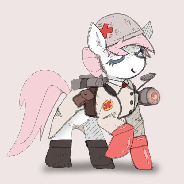 Size: 1355x1356 | Tagged: safe, artist:rellopone, derpibooru import, nurse redheart, pony, boots, clothes, crossover, earth, eyes closed, gloves, image, jpeg, medic, shoes, smiling, solo, team fortress 2, uniform