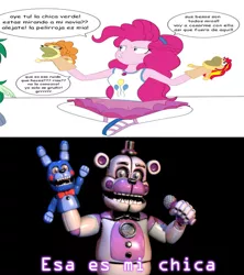 Size: 1920x2160 | Tagged: safe, artist:crock2121, derpibooru import, adagio dazzle, pinkie pie, sunset shimmer, equestria girls, equestria girls series, bon bon (fnaf), exploitable meme, five nights at freddy's, funtime freddy, hand puppet, image, meme, png, sister location, spanish, that's my pony, that's my x
