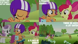 Size: 1280x720 | Tagged: safe, derpibooru import, edit, edited screencap, editor:quoterific, screencap, apple bloom, scootaloo, sweetie belle, earth pony, pegasus, pony, unicorn, parental glideance, season 7, apple bloom's bow, bag, bow, cutie mark crusaders, eyes closed, female, filly, hair bow, helmet, image, open mouth, open smile, png, saddle bag, smiling