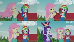 Size: 1280x720 | Tagged: safe, derpibooru import, edit, edited screencap, editor:quoterific, screencap, fluttershy, rainbow dash, rarity, bird, equestria girls, legend of everfree, legend of everfree - bloopers, bracelet, camp everfree outfits, crossed arms, eyes closed, female, hairpin, image, jewelry, jpeg, open mouth, open smile, smiling