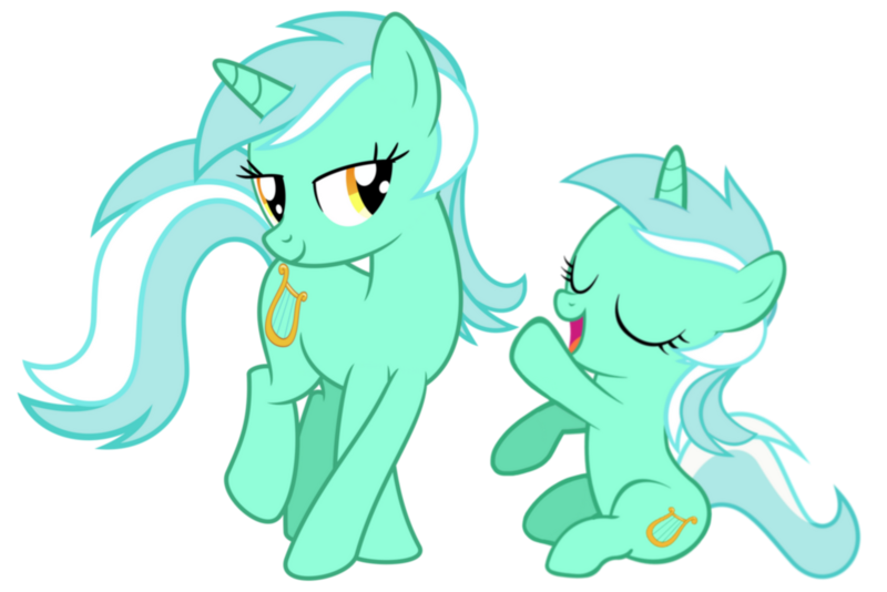 Size: 1280x854 | Tagged: safe, artist:artpwny, artist:media1997, artist:vaderpl, derpibooru import, lyra heartstrings, pony, unicorn, bedroom eyes, crossed hooves, cute, duality, duo, eyes closed, female, filly, filly lyra, image, lyrabetes, mare, open mouth, png, simple background, smiling, time paradox, transparent background, vector, younger