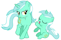 Size: 1280x854 | Tagged: safe, artist:artpwny, artist:media1997, artist:vaderpl, derpibooru import, lyra heartstrings, pony, unicorn, bedroom eyes, crossed hooves, cute, duality, duo, eyes closed, female, filly, filly lyra, image, lyrabetes, mare, open mouth, png, simple background, smiling, time paradox, transparent background, vector, younger