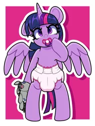 Size: 3091x4096 | Tagged: safe, artist:duckie, derpibooru import, smarty pants, twilight sparkle, alicorn, pony, abdl, adult foal, age regression, bipedal, button eyes, cute, diaper, diaper fetish, fetish, image, jpeg, looking at you, pacifier, plushie, solo, twiabetes