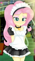 Size: 538x929 | Tagged: safe, artist:fluttershy_art.nurul, derpibooru import, fluttershy, equestria girls, beautiful, clothes, cute, dress, eyeshadow, fluttermaid, image, jewelry, lace, library, maid, maid headdress, makeup, necklace, png, shyabetes, skirt, solo