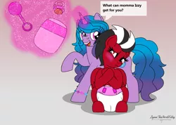 Size: 4247x3030 | Tagged: suggestive, alternate version, artist:lynnthenerdkitty, derpibooru import, izzy moonbow, oc, oc:shatter misty cloud, ponified, pegasus, pony, unicorn, adult foal, blushing, crossover, diaper, diaper fetish, fetish, g5, glow, glowing horn, horn, image, levitation, magic, magic aura, open mouth, open smile, pacifier, png, raised hoof, rattle, shatter (transformers), sitting, smiling, speech bubble, telekinesis, transformers