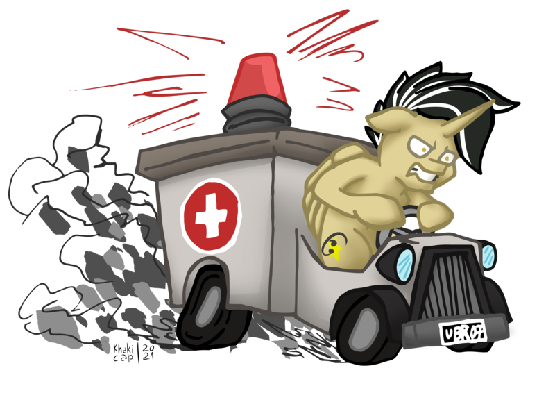 Size: 7016x4961 | Tagged: safe, artist:khaki-cap, derpibooru import, oc, unofficial characters only, alicorn, pony, alicorn oc, ambulance, angry, car, commission, digital art, dirt, driving, fast, horn, image, license plate, male, png, raffle, raffle prize, road rage, signature, simple background, stallion, team fortress 2, transparent background, wings, ych result