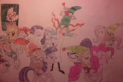 Size: 1024x682 | Tagged: safe, artist:jebens1, derpibooru import, applejack, fluttershy, pinkie pie, rainbow dash, rarity, twilight sparkle, twilight sparkle (alicorn), alicorn, covering ears, image, jpeg, riding a pony, singing, song in the description, story included, strapped to a table, the 7d, traditional art