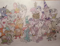 Size: 1024x789 | Tagged: safe, artist:jebens1, derpibooru import, applejack, fluttershy, pinkie pie, pipsqueak, princess celestia, princess luna, rainbow dash, rarity, spike, starlight glimmer, trixie, twilight sparkle, zecora, hearth's warming eve, holding, image, jpeg, singing, the 7d, tied up, traditional art