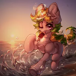 Size: 2048x2048 | Tagged: safe, artist:minekoo2, derpibooru import, oc, unofficial characters only, pony, unicorn, beach, commission, digital art, female, food, glow, glowing horn, horn, ice cream, image, jpeg, licking, looking at you, magic, mare, ocean, one eye closed, running, sky, solo, sunset, tail, tongue out