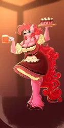 Size: 1050x2100 | Tagged: safe, artist:unfinishedheckery, derpibooru import, pinkie pie, anthro, earth pony, unguligrade anthro, alcohol, beer, breasts, busty pinkie pie, cake, clothes, digital art, dress, female, food, image, jpeg, looking at you, oktoberfest, open mouth, simple background, solo, tail, thighs