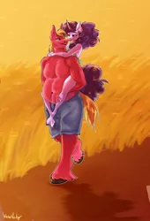 Size: 1396x2048 | Tagged: safe, artist:unfinishedheckery, derpibooru import, big macintosh, sugar belle, anthro, earth pony, unguligrade anthro, unicorn, bedroom eyes, belly button, clothes, digital art, duo, farm, female, horn, husband and wife, image, jpeg, looking at each other, looking at someone, male, open mouth, partial nudity, pecs, piggyback ride, plump, shipping, shorts, straight, sugarmac, tail, tanktop, thighs, topless