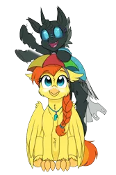 Size: 800x1200 | Tagged: safe, artist:rokosmith26, derpibooru import, oc, oc:goldenflow, oc:tarsi, unofficial characters only, changeling, classical hippogriff, hippogriff, pony, derpibooru community collaboration, 2022 community collab, beak, braid, changeling horn, changeling oc, changeling wings, cheek fluff, classical hippogriff oc, claws, clothes, commission, commission result, duo, fangs, female, floppy ears, glasses, hairband, happy, hat, hippogriff oc, horn, image, jewelry, large wings, leggings, looking at you, looking up, looking up at you, male, necklace, open mouth, png, simple background, sitting, smiling, stallion, standing on two hooves, sunscreen, transparent background, umbrella hat, underhoof, unshorn fetlocks, wall of tags, waving, whistle, whistle necklace, wing fluff, wings