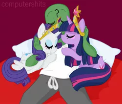 Size: 1905x1620 | Tagged: safe, artist:computershits, derpibooru import, rarity, twilight sparkle, oc, oc:anon, alicorn, unicorn, alicornified, bed, big crown thingy, blushing, cuddling, element of generosity, element of magic, eyes closed, female, image, jewelry, jpeg, lesbian, petting, pillow, polyamory, race swap, raricorn, rarilight, regalia, shipping, simple background, simple shading, snuggling, trio, unicorn twilight, waifu