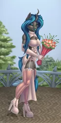 Size: 1500x3000 | Tagged: safe, artist:catd-nsfw, derpibooru import, queen chrysalis, anthro, changeling, changeling queen, breasts, bridge, broken spine, busty queen chrysalis, chipmunk cheeks, clothes, dress, eyes closed, female, flower, high heels, image, lingerie, lips, lipstick, marriage, park, png, shoes, smiling, socks, solo, stockings, thigh highs, wedding, wedding dress